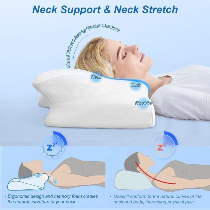 Kussen van traagschuim, ergonomische neksteun, orthopedisch kussen voor pijnverlichting, 60 x 35 x 13 cm, wit