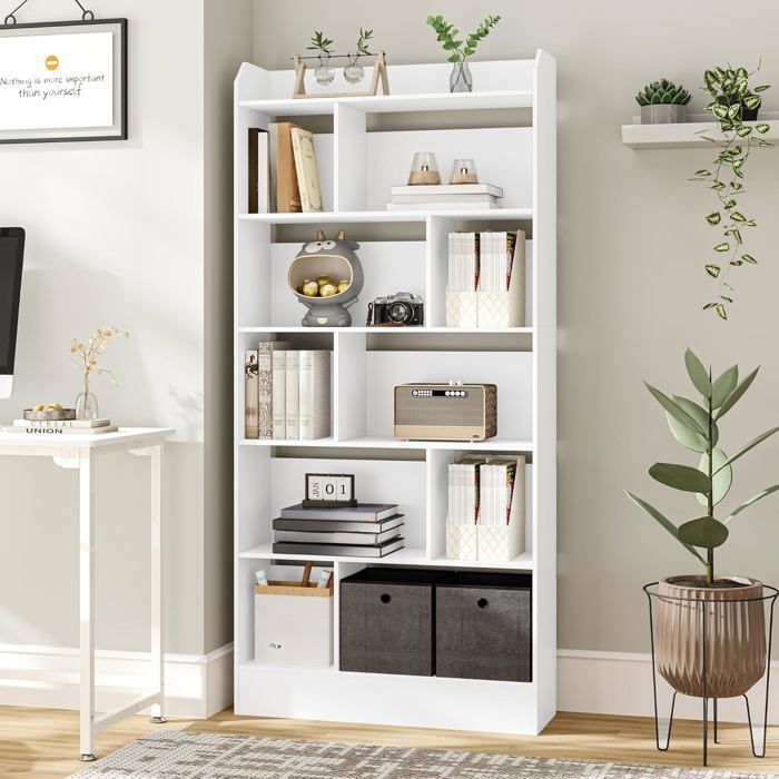 Estantería de 6 niveles, mueble para libros, separador de ambientes, para salón, dormitorio u oficina, 24 x 80 x 170 cm, blanca.