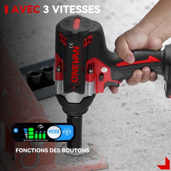Llave de impacto inalámbrica - ONEVAN - ONEVAN - 1000 N·m - 2 baterías de 3 Ah - 44 accesorios