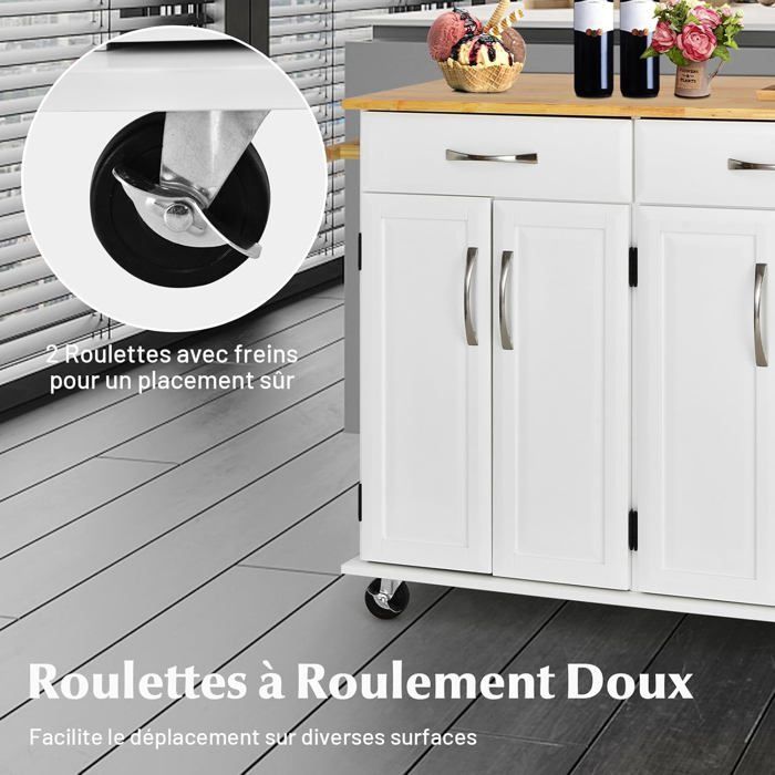 Carrito de cocina con ruedas COSTWAY - 2 cajones, 2 armarios de doble puerta, estantes ajustables - Carrito para isla de cocina -