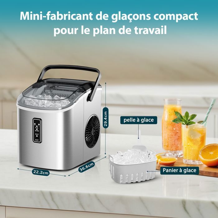 Tragbarer Eiswürfelbereiter – EUHOMY – 12 kg/24 h – Edelstahl – Mit Zubehör – Selbstreinigungsfunktion – GRAU