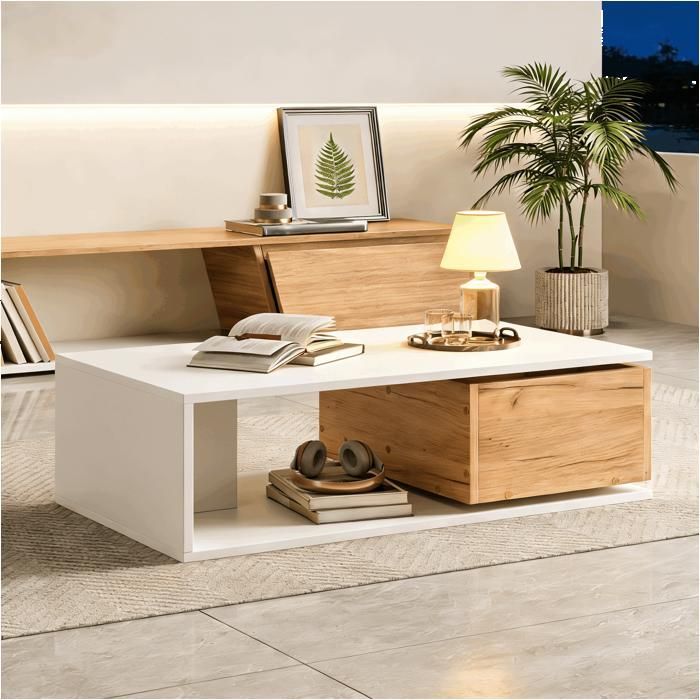 Table basse en bois 90 x 50 x 30 cm avec tiroir pivotant Table de salon avec espace de rangement ouvert Couleur blanche et bois