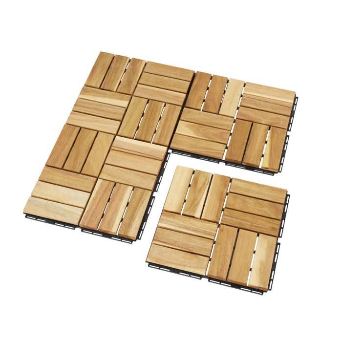 Set di 36 piastrelle per terrazza in legno di acacia, 30x30 cm, con motivo quadrato. Si assemblano a incastro.