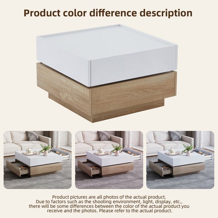 Square Coffee Table with 2 Drawers and 360° Swivel Top, Modern Design Side Table 60x60x38cm Walnut