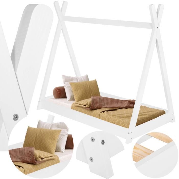 Springos® Lit tipi pour enfant avec sommier à lattes, en bois massif 70 x 140 x 130 cm