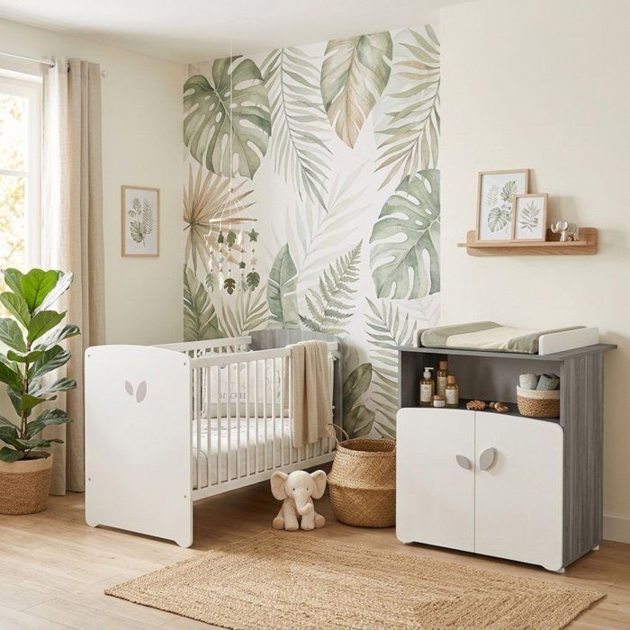 Chambre bébé duo Leaf: lit 120x60, commode à langer - Babyprice - Blanc