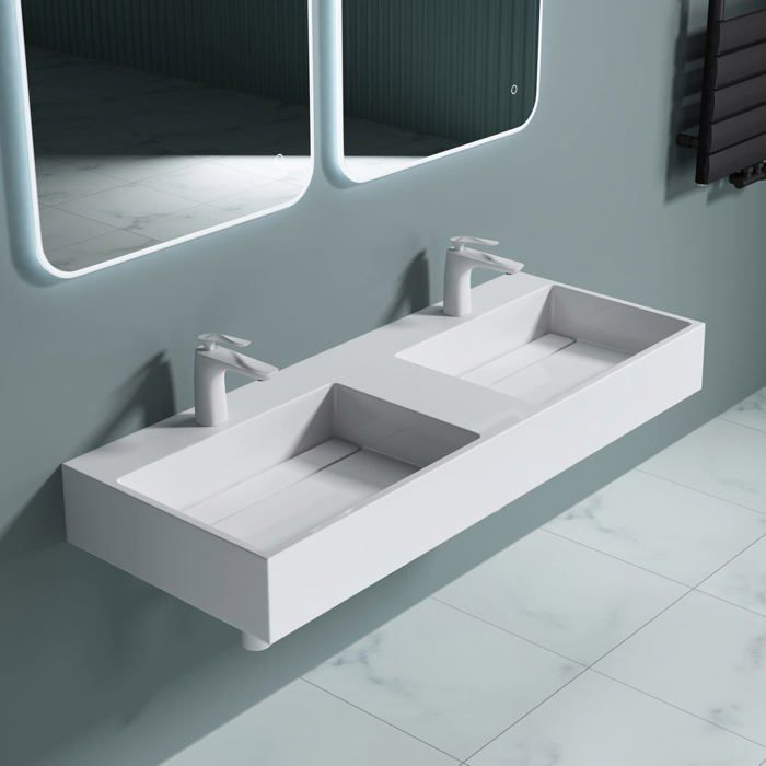 doporro Double lavabo suspendu blanc 160cm double vasque à poser lave mains rectangulaire de qualité pour salle de bain Colossum12