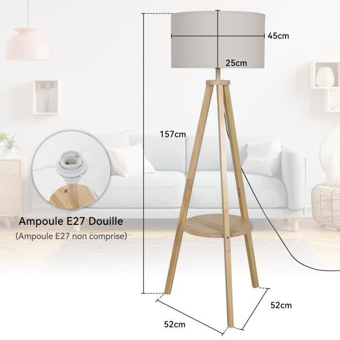 Lampadaire Trépied avec Abat-Jour - PULUOMIS - Lampadaire Salon Lampe sur Pied pour Salon en Bois - 157 cm
