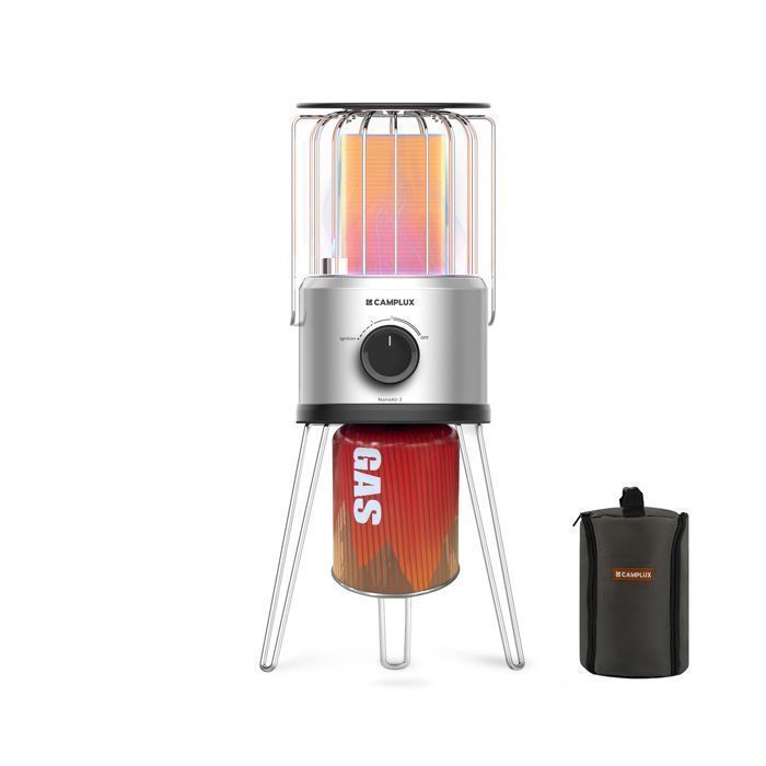 Calentador de gas portátil CAMPLUX NanoAir 2 con protección antiopacidad y contra vuelcos, 2,34 kW, 28-30 mbar, para camping y actividades al aire libre.