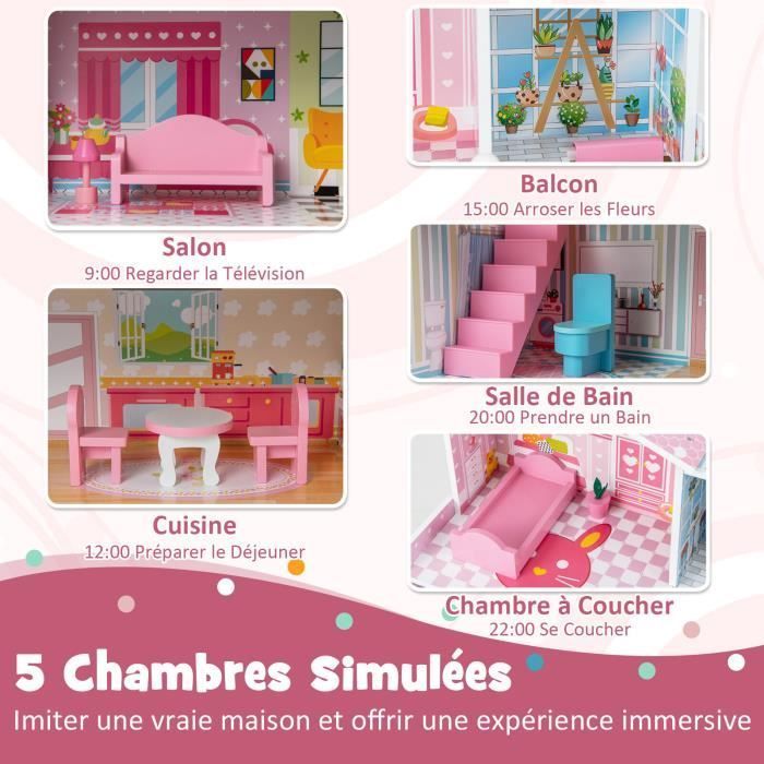 COSTWAY Wooden Dollhouse with 11 Accessories, 3 Floors, 60 x 25 x 70 cm, Gifts for Children Ages 3+, Pink