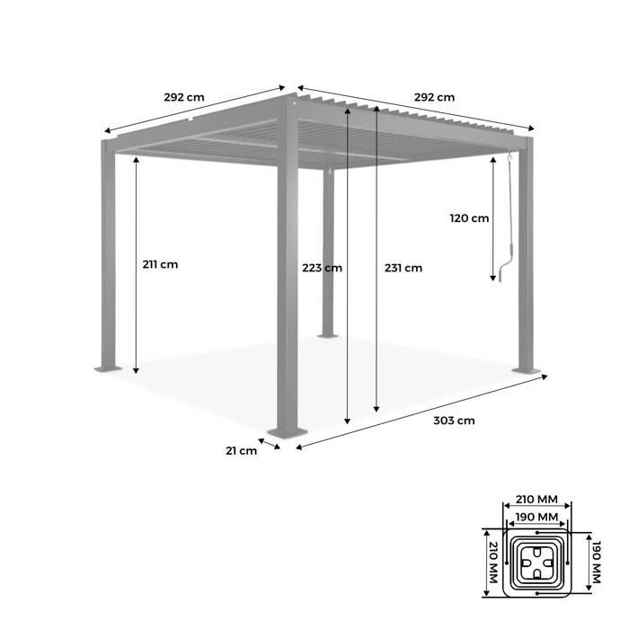 Pérgola bioclimática negra. Aluminio y acero. 3x3 m. Lamas ajustables.