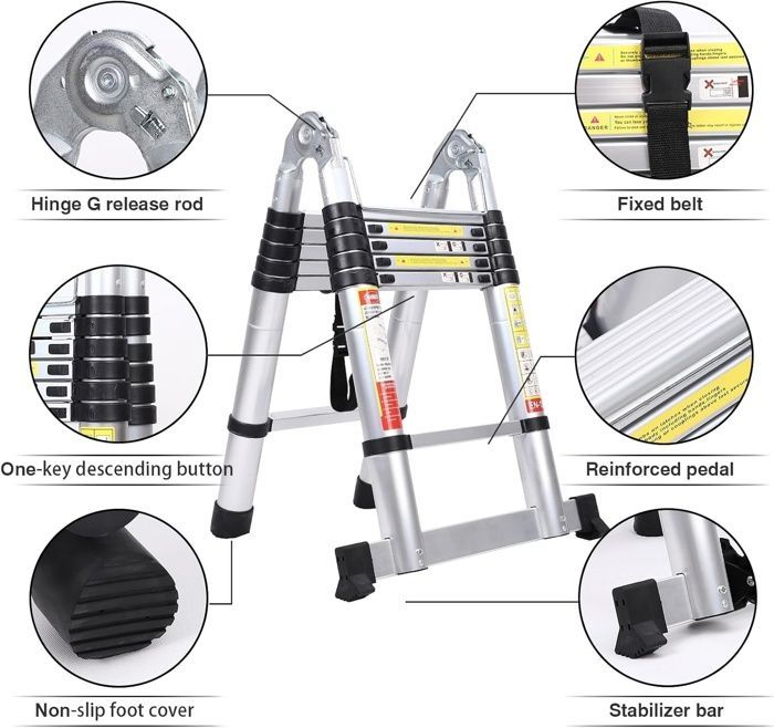Escalera plegable telescópica multifuncional de aluminio de 3,8 m (1,9 m + 1,9 m), carga máxima de 150 kg.