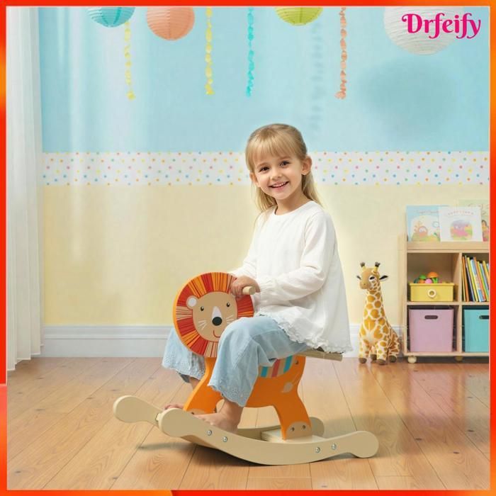 12787 Caballito balancín infantil, juguete de madera con forma de león balancín para bebé, con manillar y base estable, 59 x 27 x 43 cm, naranja