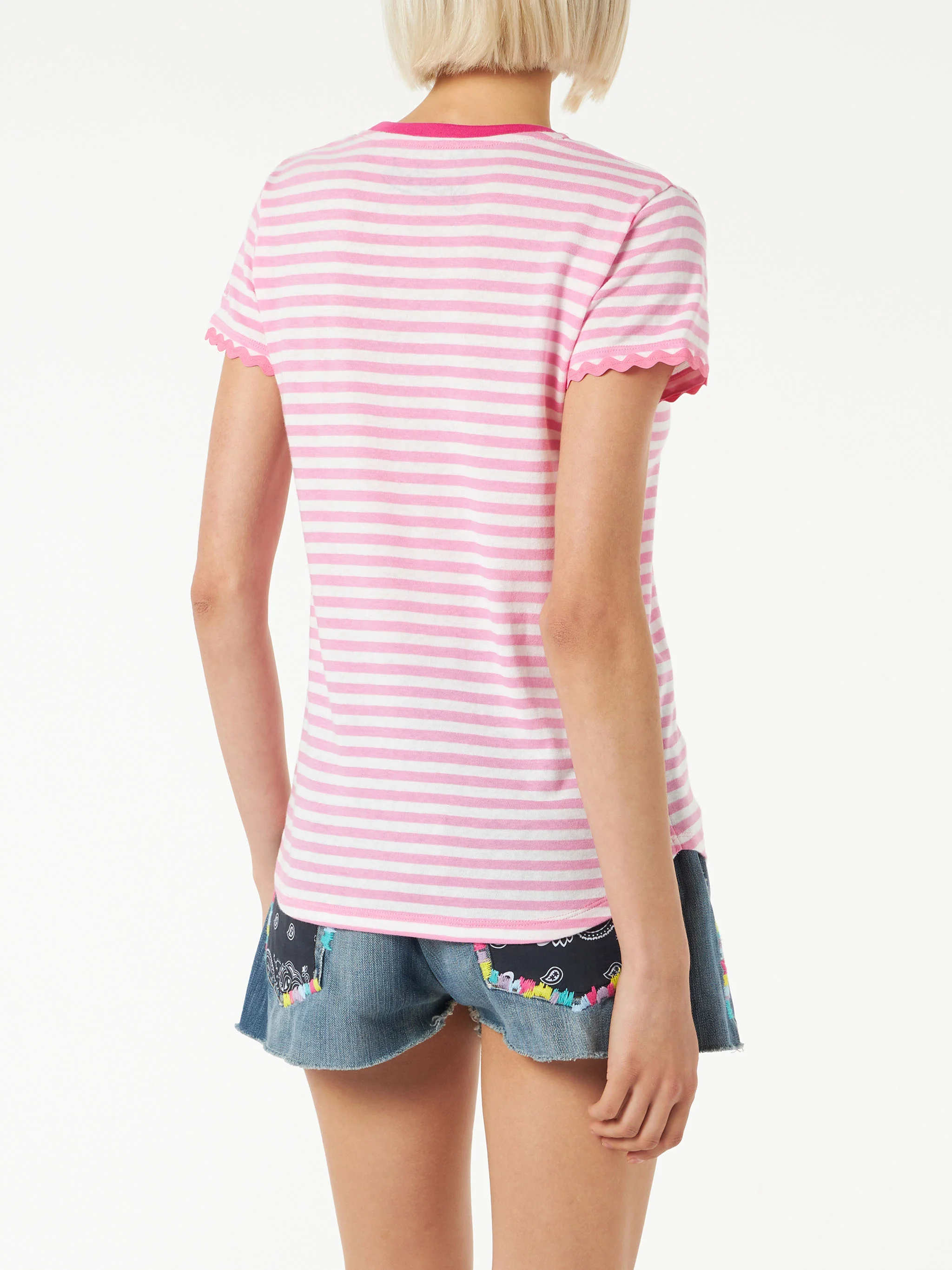 Fuchsia gestreept katoenen T-shirt met St. Barth-borduurwerk
