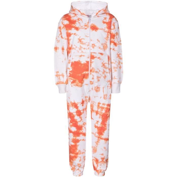 Fleece onesie loungewear set voor meisjes met oranje tie-dye print, maat 5-13 jaar