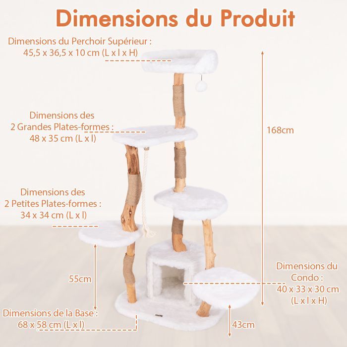 Árbol rascador de madera multinivel para gatos COSTWAY de 168 cm con perchas, casita, postes rascadores de yute, cuerda de sisal, juguete de peluche y pelota colgante.