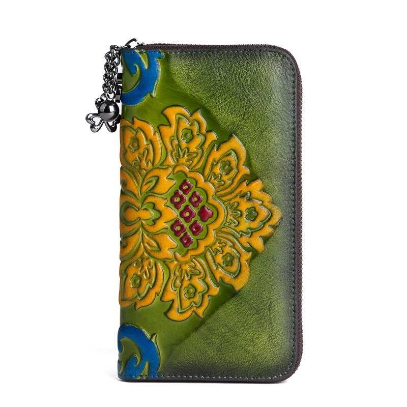 Portefeuille en cuir véritable pour femme, portefeuille en cuir à motif floral, portefeuille grande capacité, portefeuille long en cuir de vachette
