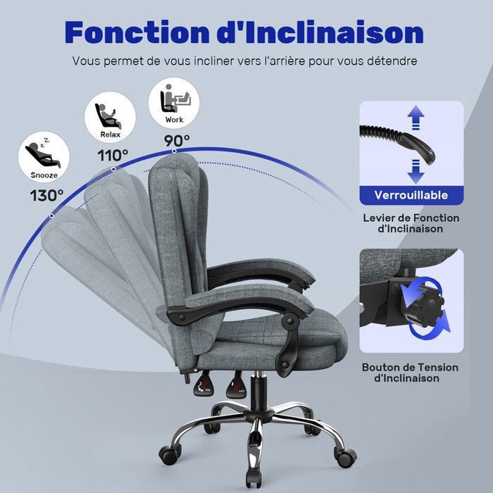 Silla de oficina ergonómica - Silla de oficina Rattantree - Altura regulable - Giratoria - Acolchado doble grueso - Gris oscuro