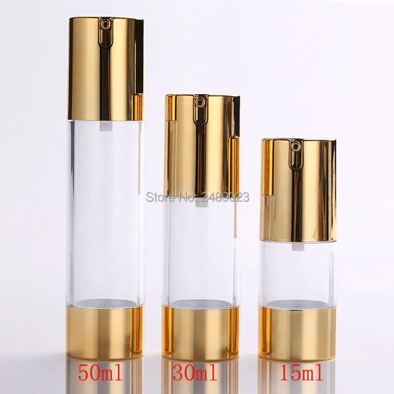Flacon vide de luxe portable, doré et argenté, avec pompe, sans air, pour lotion cosmétique et soins de voyage (15 ml/30 ml/50 ml).