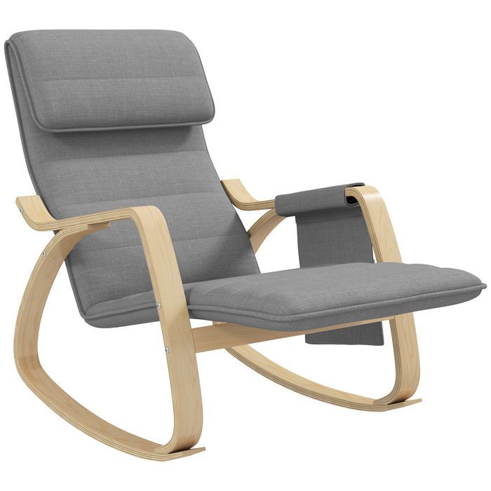 Rocking recliner/nursing chair with adjustable footrest, side pocket and headrest, grey