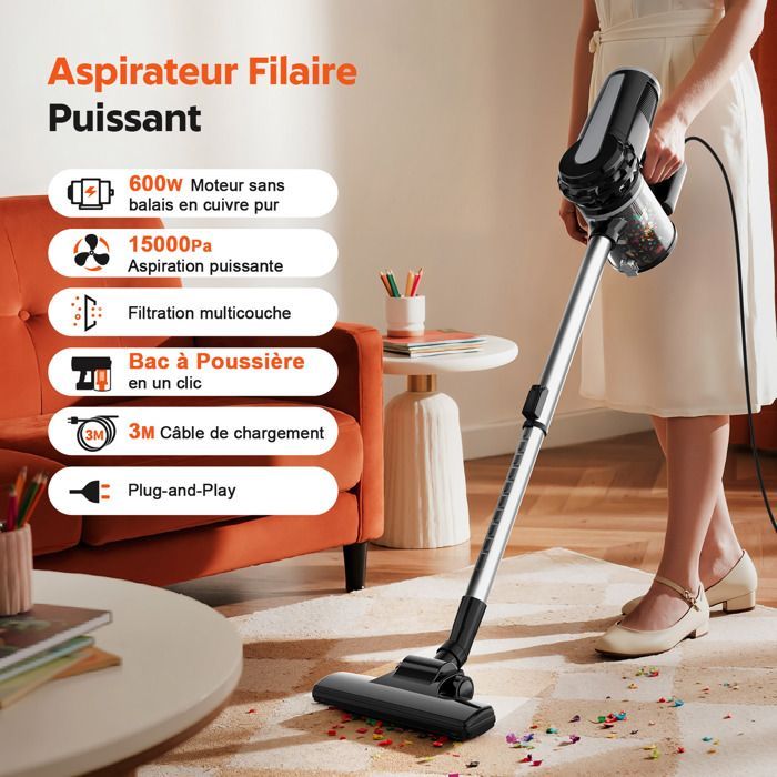 Aspiradora de mano con cable - TANBABY - 600 W - Ligera (1,9 kg) - Filtro HEPA - Potente (15 kPa)