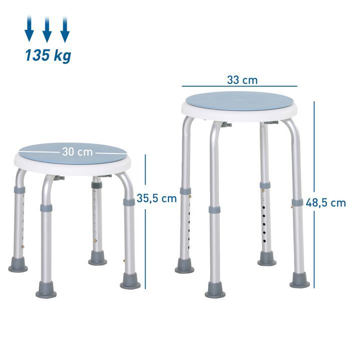 Tabouret de douche HOMCOM siège de douche antidérapant hauteur réglable 35,5-48,5 cm pivotant à 360° chaise de douche en aluminium