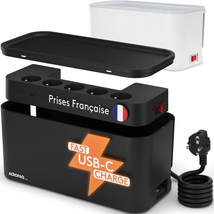 ACROPAQ Cable management box compatible with France - power strip cover with integrated power strip - USB-A and USB-C - Cable storage - 2500W