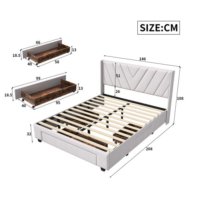 Cama de 140x190 cm, estampado de líneas, estilo minimalista moderno, cama para adultos, estructura de cama doble de 140x190 cm, lino, beige