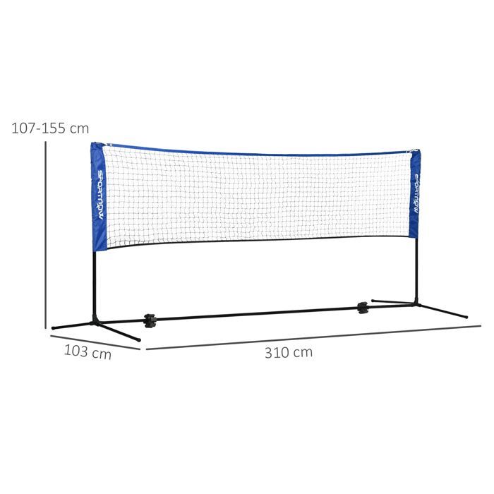 Badminton net - SPORTNOW - adjustable height from 107 to 155 cm - with carrying bag - metal frame - black, blue