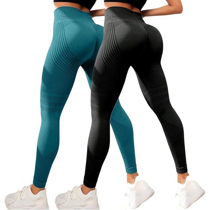 Set van 2 damesleggings tegen cellulitis, 3D compressie afslankende push-up leggings, hoge taille, zwart/donkergroen