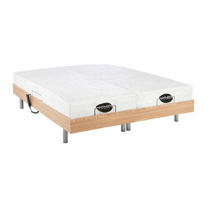 Cama eléctrica de relajación con base de láminas + colchón de espuma viscoelástica y bambú - 2 x 90 x 200 cm - Roble - LYSIS III de NATUREA