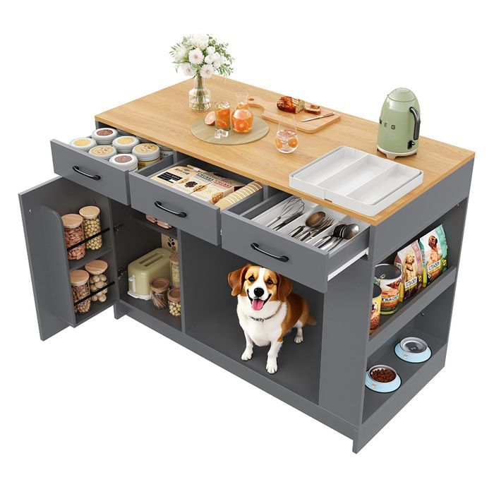 Buffet De Cuisine Îlot cuisine 3 tiroirs avec étagère à épices, 120×60×90 cm, gris