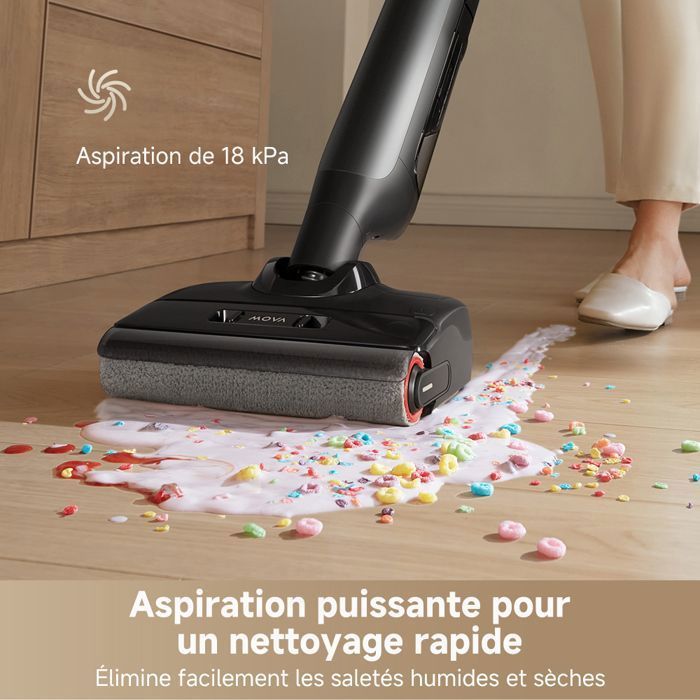 Aspirateur Eau et poussière MOVA M10, Aspiration 18kPa portée à Plat de 180°, Flexible et pivotant à 90°, séchage air Chaud 5 Min