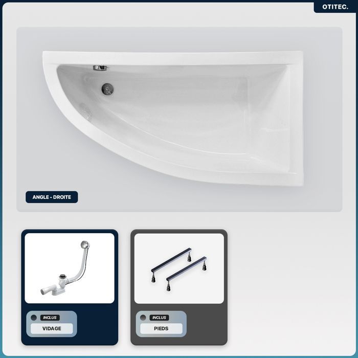 Vasca da bagno asimmetrica destra - OTITEC - PRAKTIKA - 140x70 cm - Scarico automatico - Garanzia di 10 anni