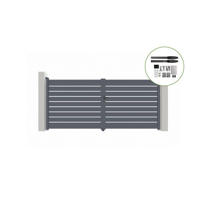 Puerta batiente y kit de motorización - Casanoov - VOGEL - 3 m de altura (178 cm) - Gris - Aluminio / Motorización HIKER B200