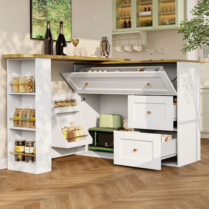 Buffet bas 138-204 × 39 × 105 cm avec table de bar extensible, Buffet de cuisine avec étagère à snacks, Buffet salon en blanc