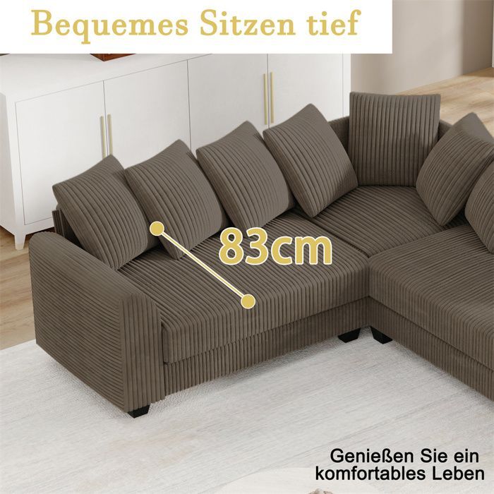 DRIPEX Grand canapé d'angle 6 places en velours côtelé,Canapé modulable en forme de L avec 9 oreillers pour le salon,bureau,Marron