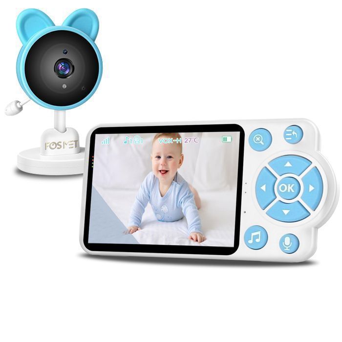 FOSMET Baby Monitor, 4X Zoom, 2.4GHz Two-Way Communication, Lullaby, Night Vision, VOX, Temperature Sensor, Blue