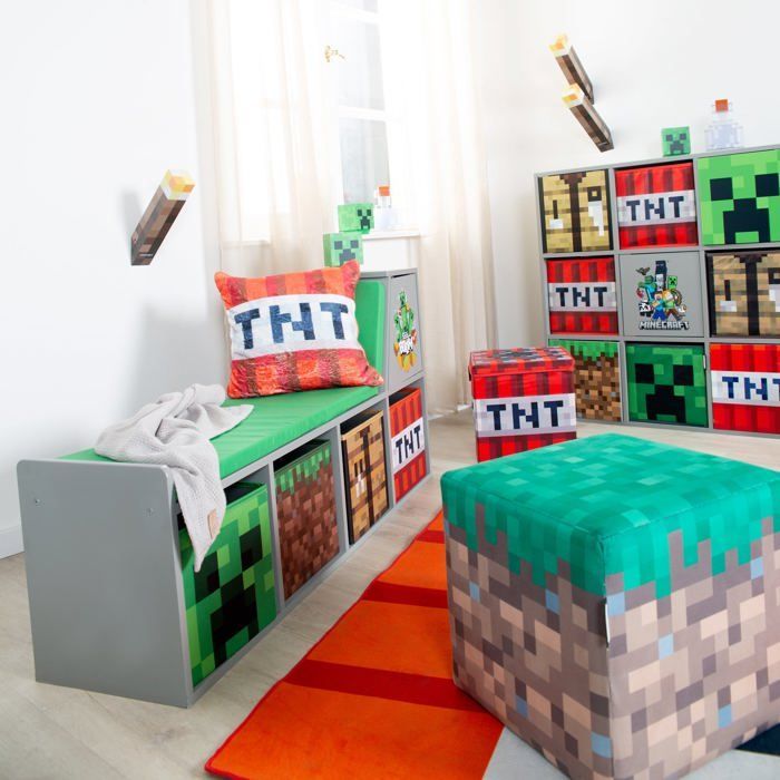 2-in-1 Storage Bench - ROBA - Minecraft - with 2 Cushions and 4 Storage Bins - Grey