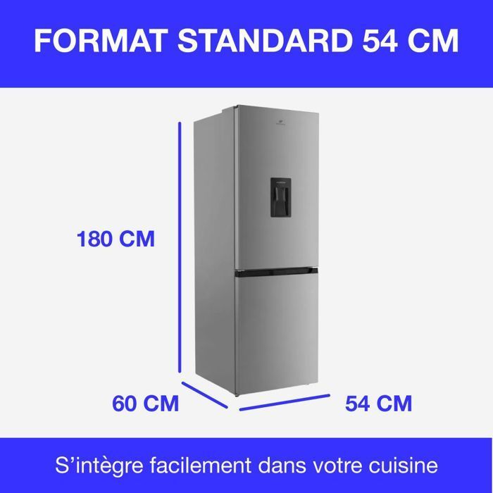 Réfrigérateur congélateur bas  251L - CONTINENTAL EDISON - Total No Frost - Inox - Classe D - L 54 cm x H 180 cm