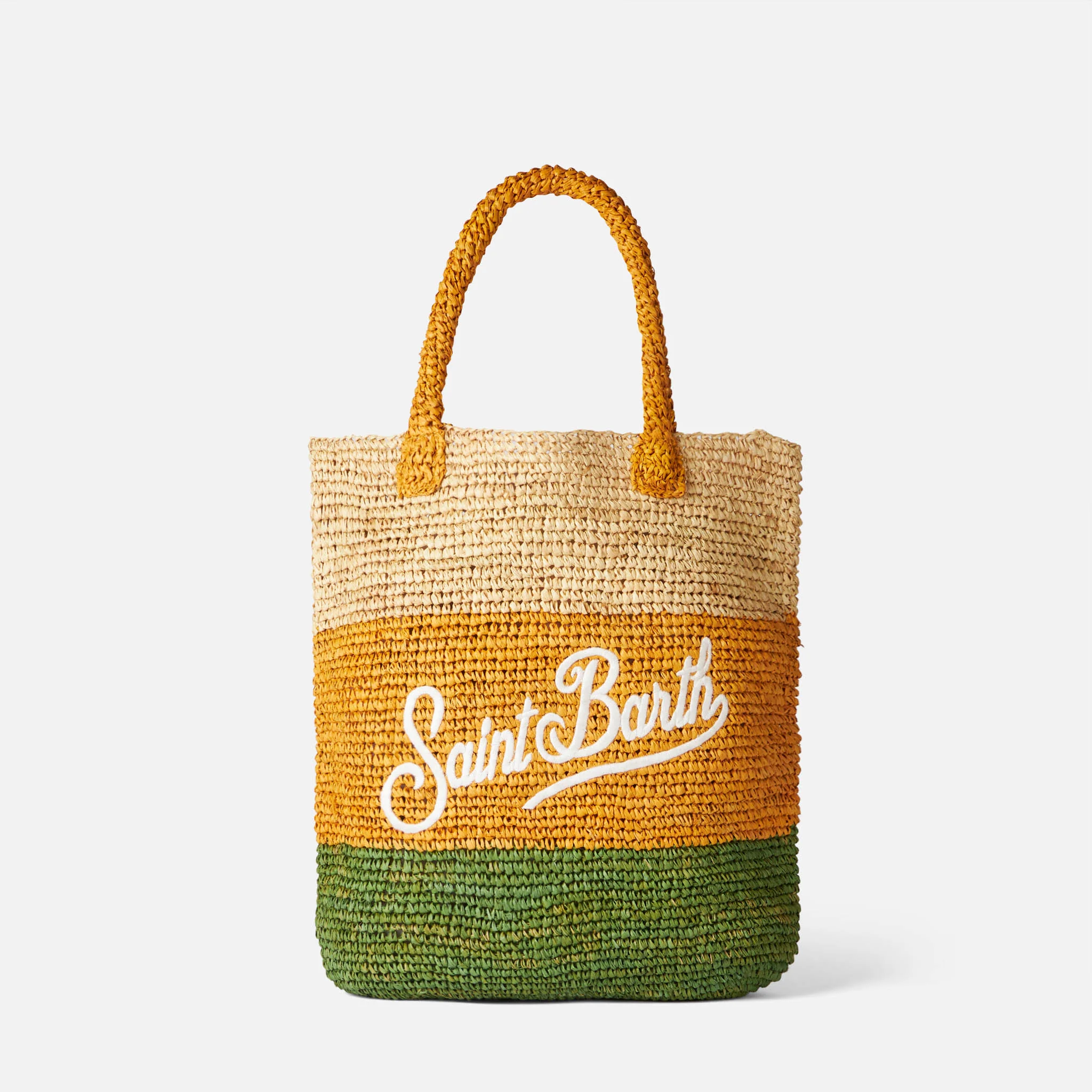 Bast-Beuteltasche mit mehrfarbigen Streifen und Stickereien