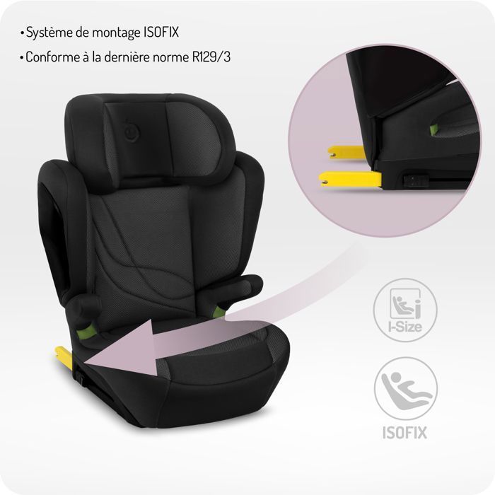 MoMi MEI - Siège auto I-SIZE 100-150 cm - Groupe 2/3 - ISOFIX - Dossier réglable 9 positions - Jusqu’à 36 kg - Noir