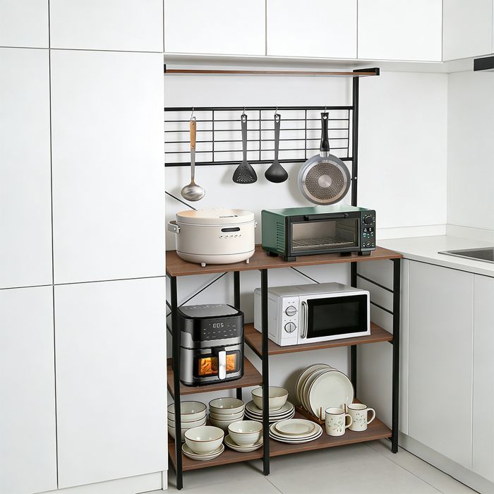 Scaffale da cucina a più livelli con ganci - YIYI - 90*40*168 cm - Marrone + Bianco