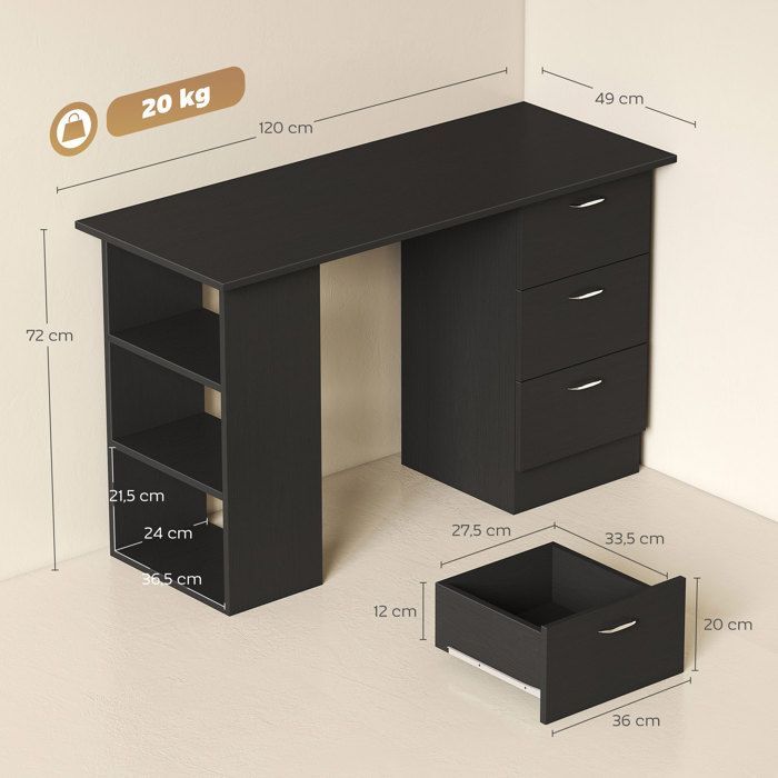 Escritorio para ordenador - HOMCOM - 3 cajones, 3 estantes, escritorio/estudio reversible con almacenamiento - Tablero de partículas - Negro