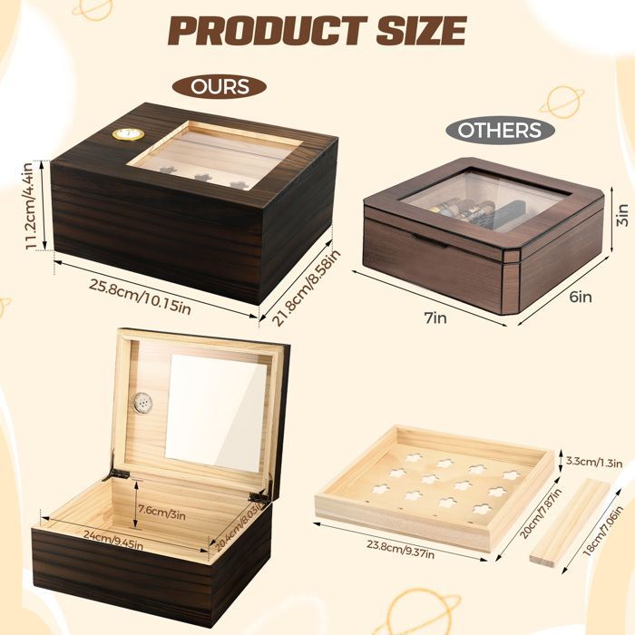Humidor per sigari, scatola in legno a doppia parete con divisorio e igrometro digitale, per 25-50 sigari.