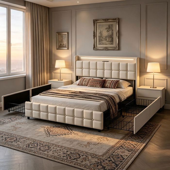 Cama con almacenamiento de 180x200cm - MSUIINT - Lino beige - LED, USB y enchufes, 4 cajones de almacenamiento, estructura de láminas metálicas