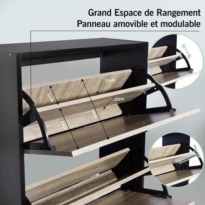 Zapatero CASABEL para 24 pares - Armario para recibidor/entrada - Negro y madera clara - 60x24x150 cm
