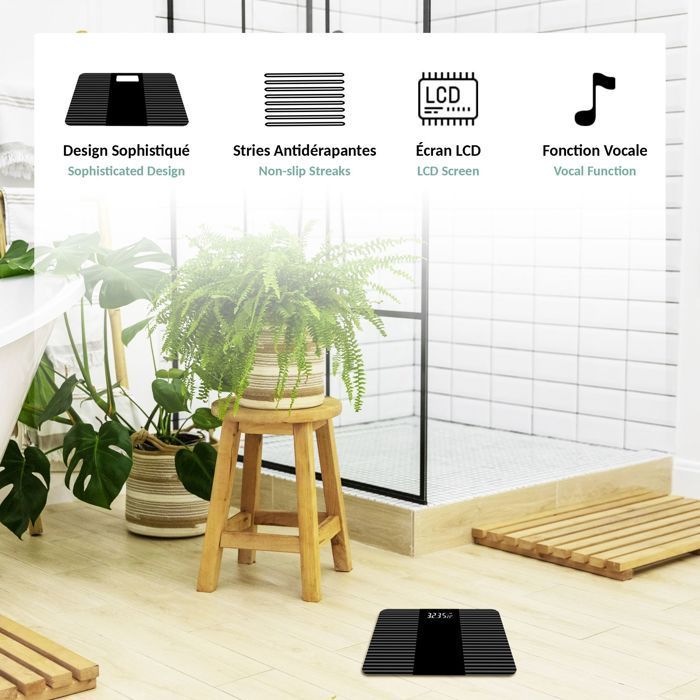 Balanza de baño FISHTEC activada por voz, cristal templado, antideslizante, capacidad de 180 kg, pantalla digital, ideal para personas con discapacidad visual.