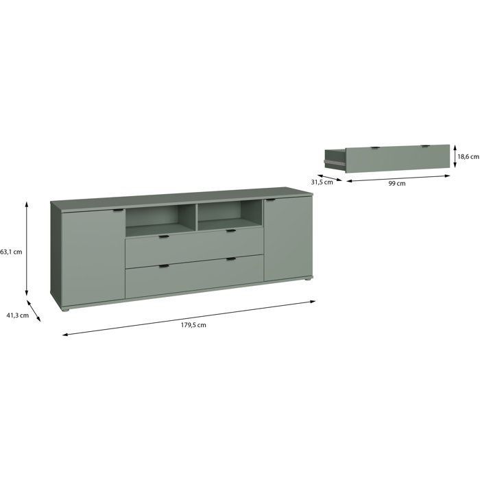 Mobile porta TV - GANYMEDE - Salvia - 2 ante, 2 cassetti, 2 ripiani - 179,8 x 41,3 x 63,1 cm