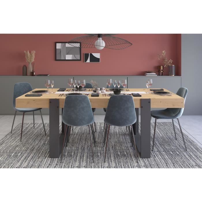 Conjunto de aparador y mesa LOFT - PARISOT - Roble artesanal y gris - 3 puertas - 8 personas